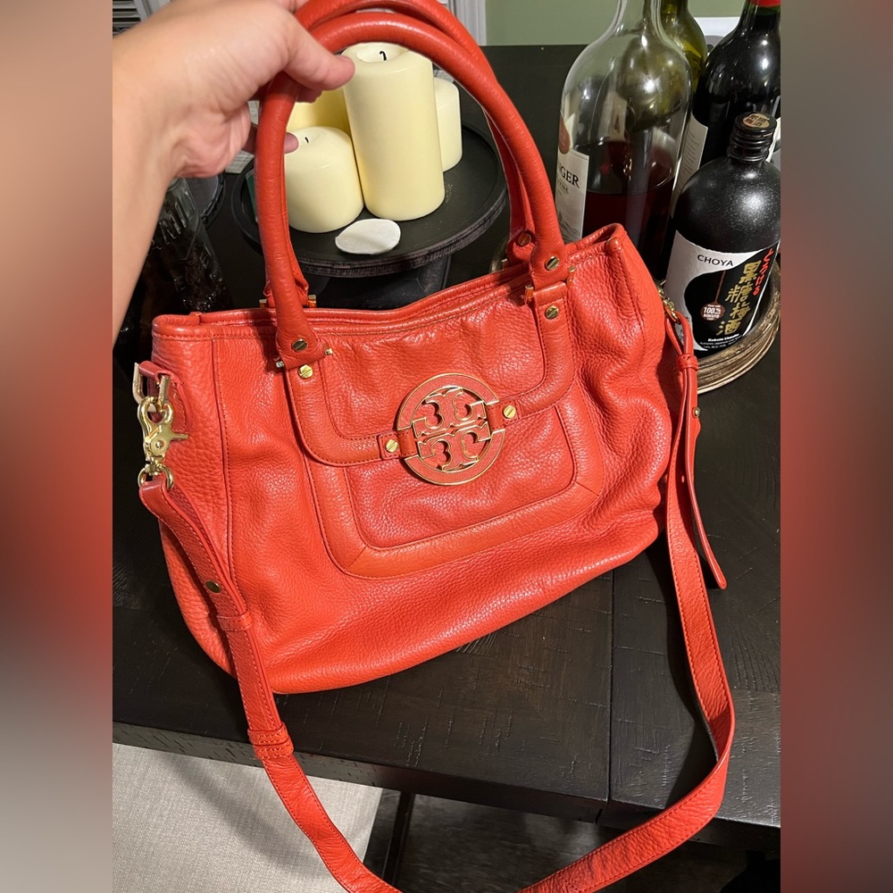 Tory Burch Amanda Pebbled Satchel Orange Leather Hobo Bag
